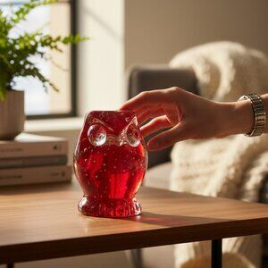 VTG Lefton Owl Figurine Art Glass Red & Clear Hand-blown